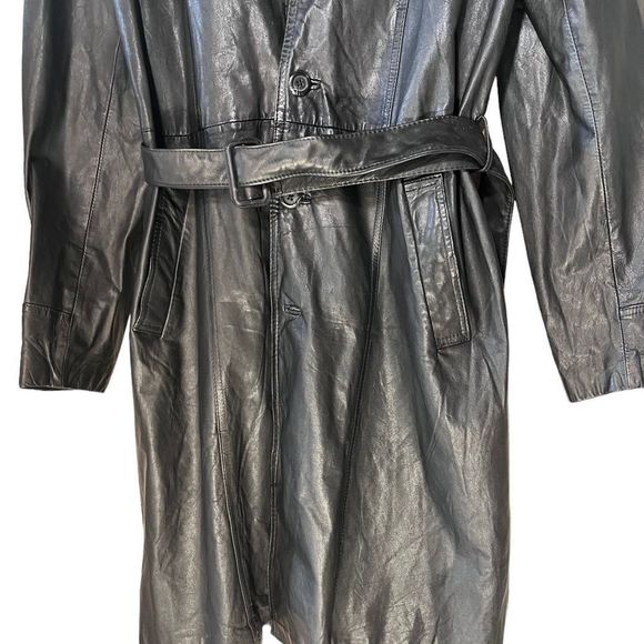 Long Leather Trench Coat Size 40 Which is Med to L Belted Single Breasted - Picture 4 of 10